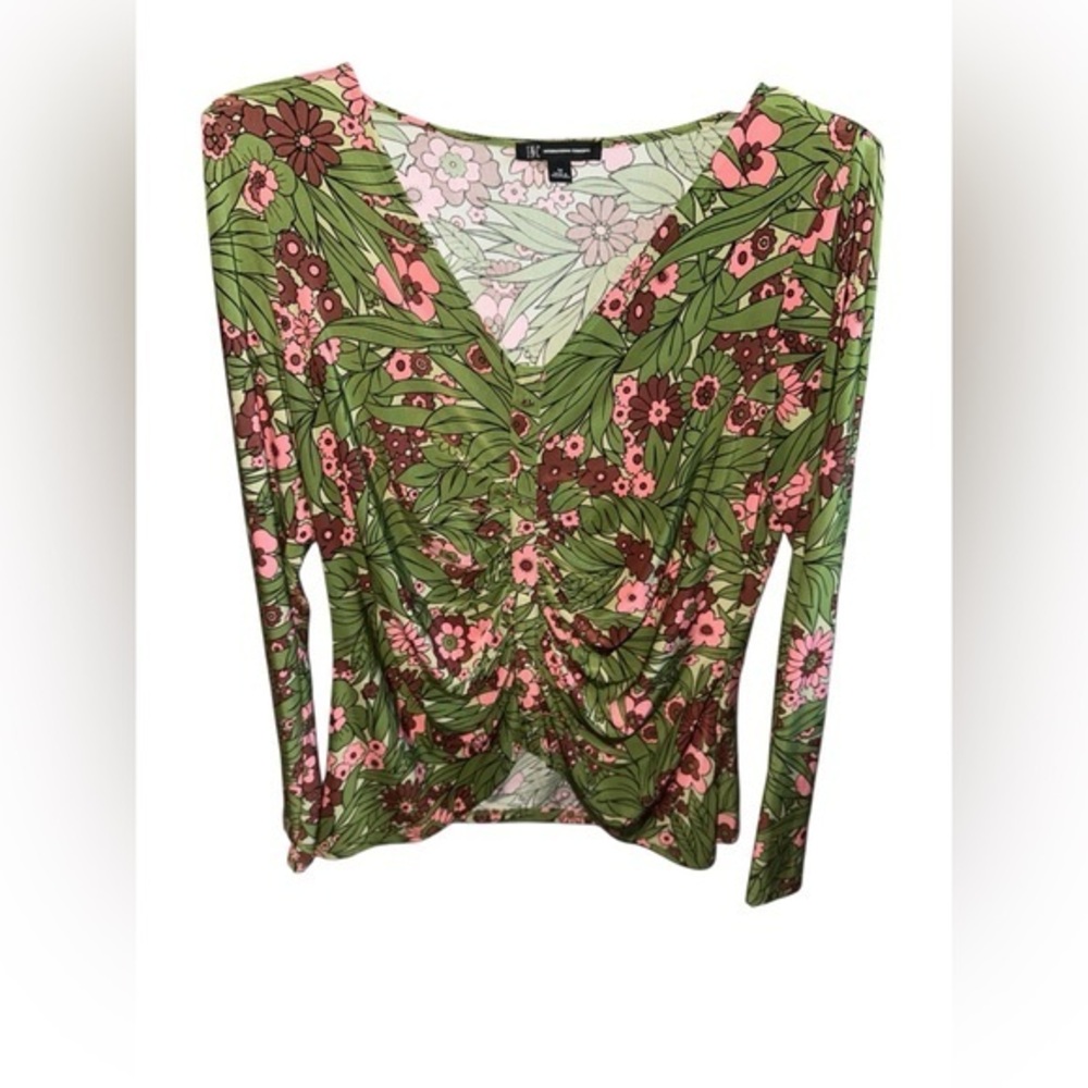 INC International Concepts Green & Pink Floral Long Sleeve Silver Button Blouse